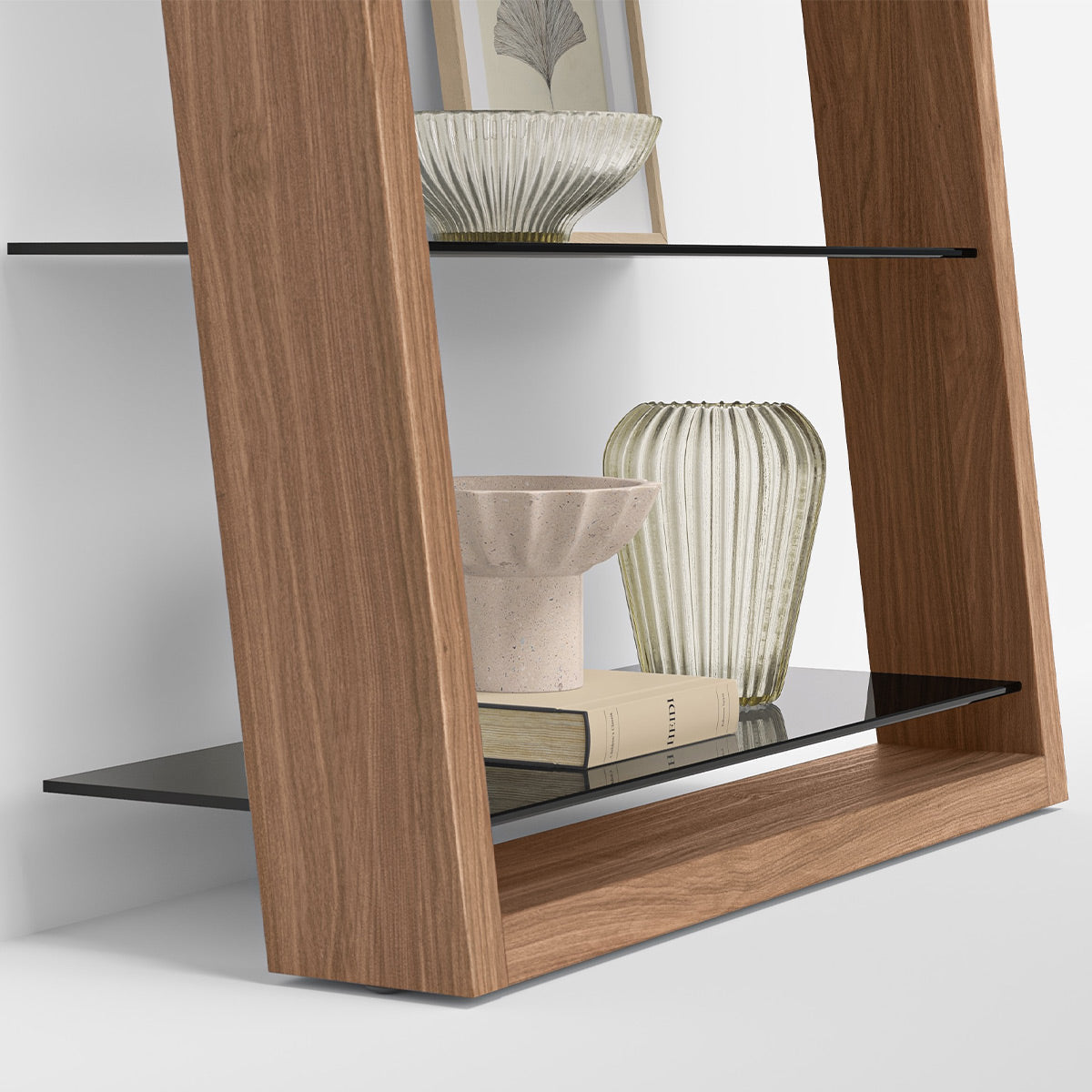 BDI Eileen 2.0 5166 Leaning Shelf with Grey-Tinted Glass Shelves (Natural Walnut)